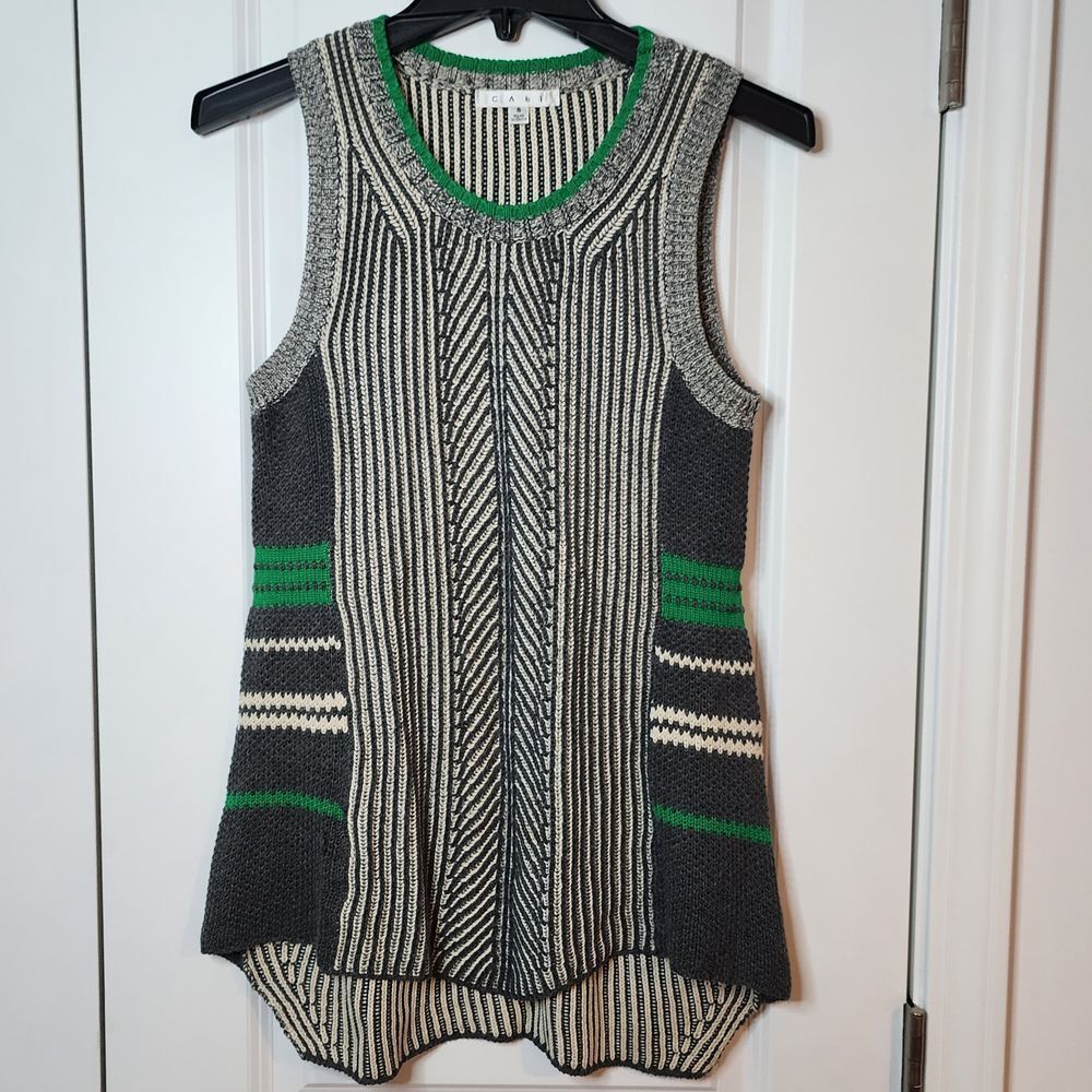 CAbi Striped Sleeveless Sweater Vest Green Gray Geometric Pattern Size S
